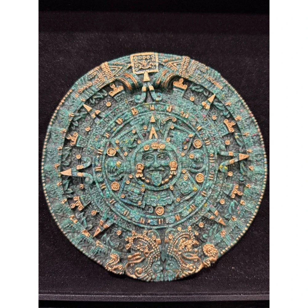 Aztec Sun‎ Stone Wall Plaque Large Green Gold  Calendar Wall